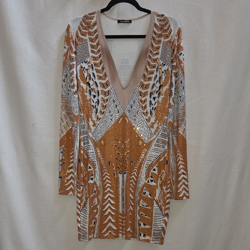 Banjul Mustard & Silver Sequin V-Neck Mini Dress